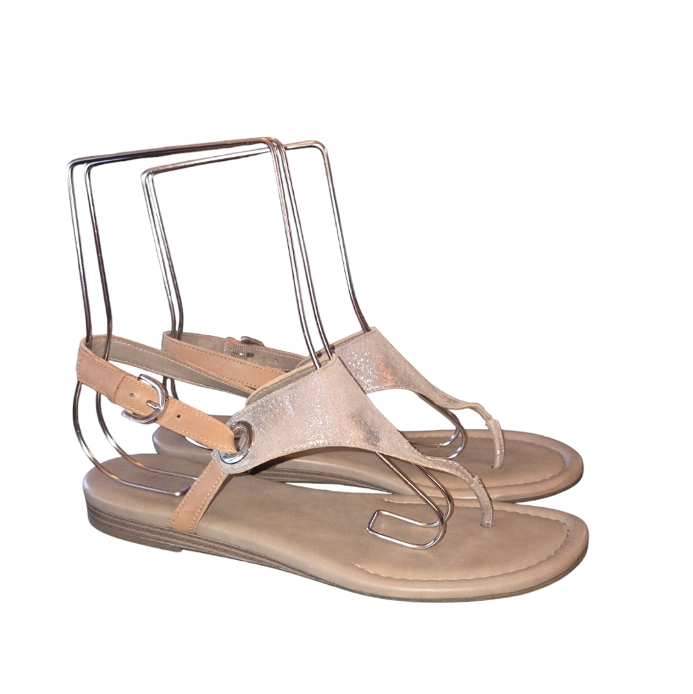 Franco Sarto Grip Women's Gray Metallic Suede & Tan Leather Thong Sandals Size 9
